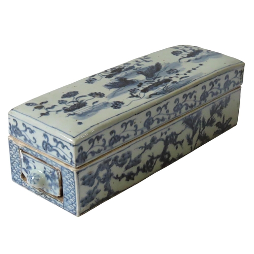 316 - A CHINESE BLUE AND WHITE PEN BOX, in the Ming style, rectangular form with cover and drawer, the int... 