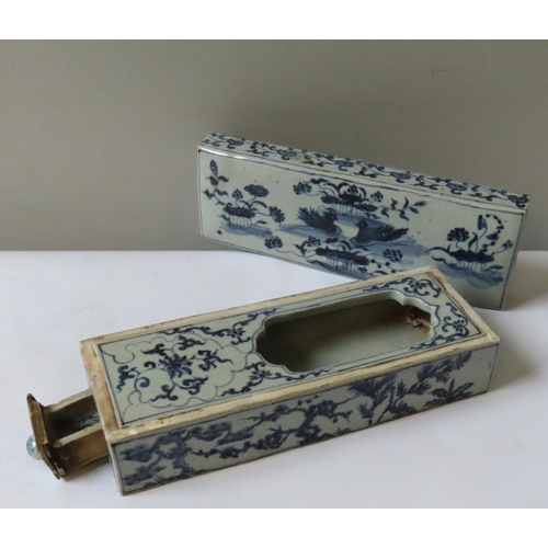 316 - A CHINESE BLUE AND WHITE PEN BOX, in the Ming style, rectangular form with cover and drawer, the int... 