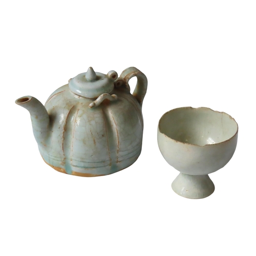 322 - A CHINESE 'QINGBAI' STYLE LOBED TEAPOT AND STEM CUP, 19TH/20TH CENTURY, the teapot with a domed cove... 