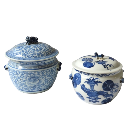 333 - TWO CHINESE BLUE AND WHITE JARS WITH COVERS, 19TH/20TH CENTURY, one decorated with peony scrolls (17... 