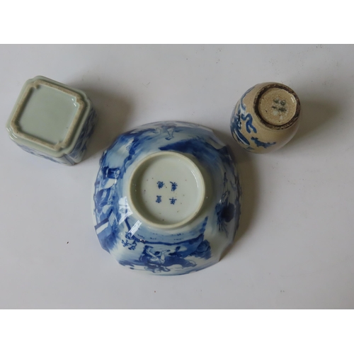 317 - A CHINESE BLUE AND WHITE BOWL, INKWELL AND SMALL VASE, the square tapering bowl decorated with tradi... 