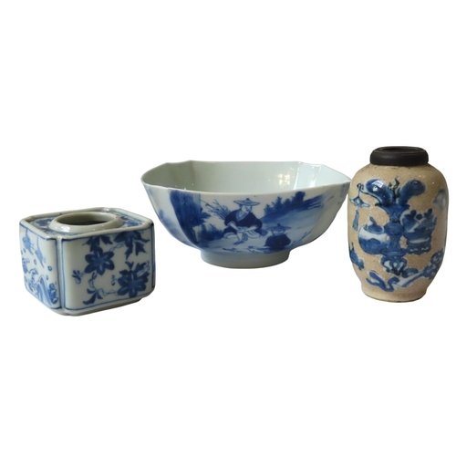 317 - A CHINESE BLUE AND WHITE BOWL, INKWELL AND SMALL VASE, the square tapering bowl decorated with tradi... 