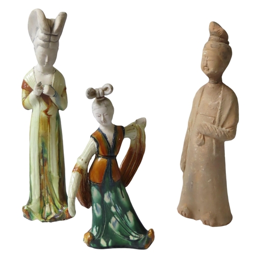 354 - A CHINESE TANG-STYLE POTTERY FIGURINE AND TWO SANCAI GLAZED FIGURINES, 19TH/20TH CENTURY, all modell... 