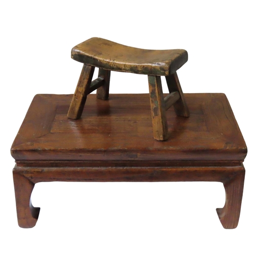 128 - A CHINESE SMALL RECTANGULAR KANG TABLE AND RUSTIC STOOL, the table of typical form, raised on square... 