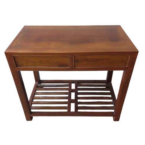 115 - A CHINESE HARDWOOD CONSOLE TABLE, rectangular panelled top over two frieze drawers, raised on square... 