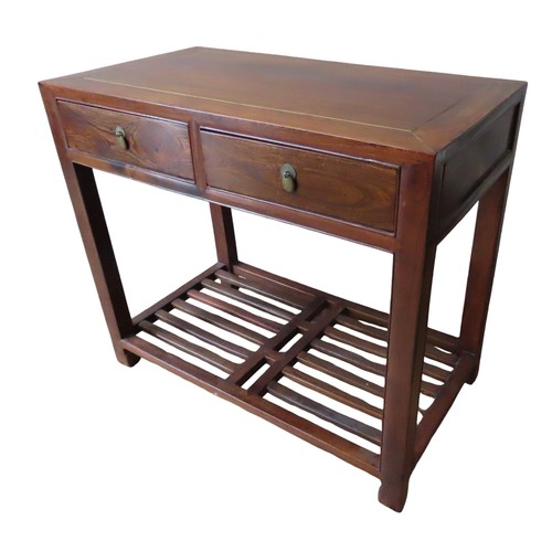 115 - A CHINESE HARDWOOD CONSOLE TABLE, rectangular panelled top over two frieze drawers, raised on square... 