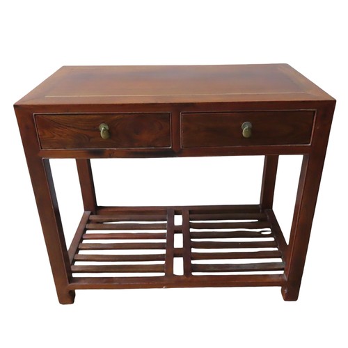 115 - A CHINESE HARDWOOD CONSOLE TABLE, rectangular panelled top over two frieze drawers, raised on square... 