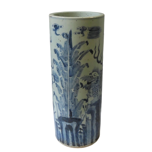 308 - A CHINESE BLUE & WHITE STICK STAND, LATE QING DYNASTY, 19TH CENTURY, the sides painted with drag... 