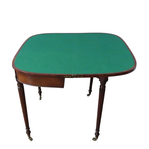 1 - A MAHOGANY AND CROSSBANDED CARD TABLE, IN THE MANNER OF GILLOWS, the fold-over top with a baize line... 