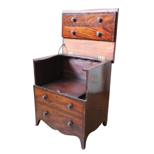 51 - A REGENCY MAHOGANY NIGHT COMMODE, with metamorphic hinged top and front panel, with the facade of a ... 