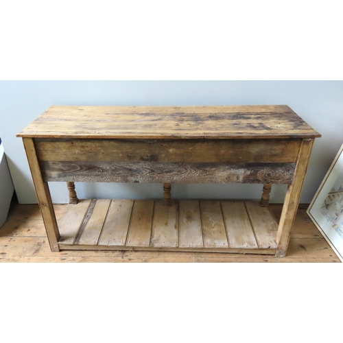 68 - A COUNTRY PINE DRESSER BASE, 19TH CENTURY, rectangular top with three frieze drawers over a fret cut... 