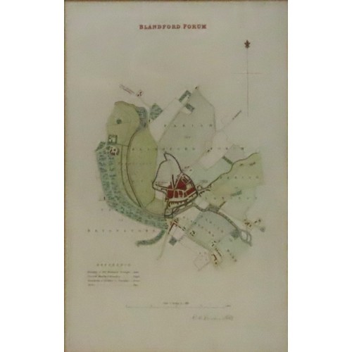 709 - A HAND DRAWN COLOURED 18TH CENTURY MAP OF BLANDFORD FORUM, by John Bastard, sold by Phill Overton, P... 