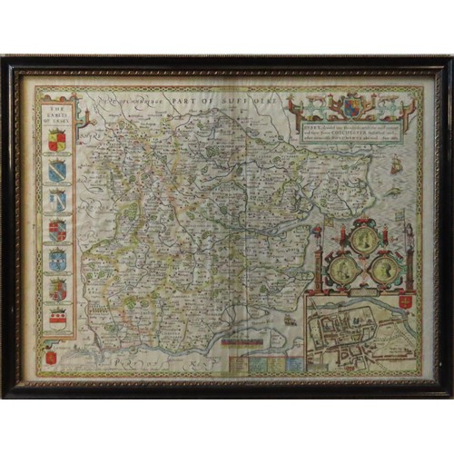 708 - SPEED (JOHN) DOUBLE PAGE HAND-COLOURED ENGRAVED MAP OF ESSEX, after John Norden, dated 1662, inset v... 