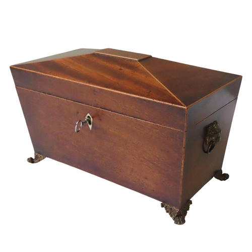 212 - A REGENCY MAHOGANY TEA CADDY, CIRCA 1810, rectangular sarcophagus form with twin lion's head ring ha... 