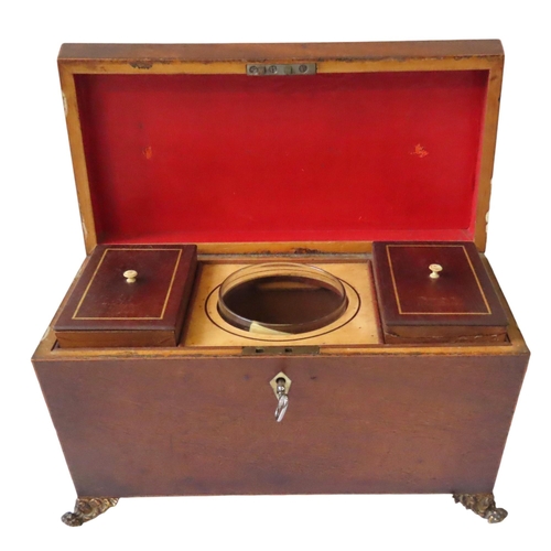 212 - A REGENCY MAHOGANY TEA CADDY, CIRCA 1810, rectangular sarcophagus form with twin lion's head ring ha... 