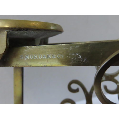 142 - 19TH CENTURY BRASS POSTAL SCALES, by S Mordan & Co, London, the letter pan inscribed with postal... 