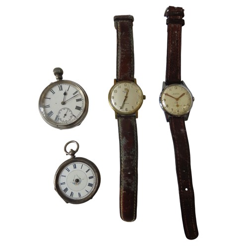 598 - TWO SILVER CASED POCKET WATCHES AND TWO VINTAGE WRIST WATCHES, namely a Tissot Gent's manual wind an... 