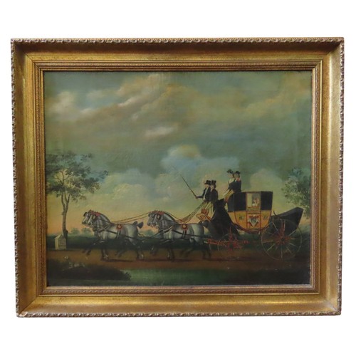 557 - ATTRIBUTED TO JOHN CORDREY (c.1765-1825) OIL PAINTING ON CANVAS OF THE BATH & BRISTOL POST COACH... 