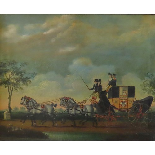 557 - ATTRIBUTED TO JOHN CORDREY (c.1765-1825) OIL PAINTING ON CANVAS OF THE BATH & BRISTOL POST COACH... 