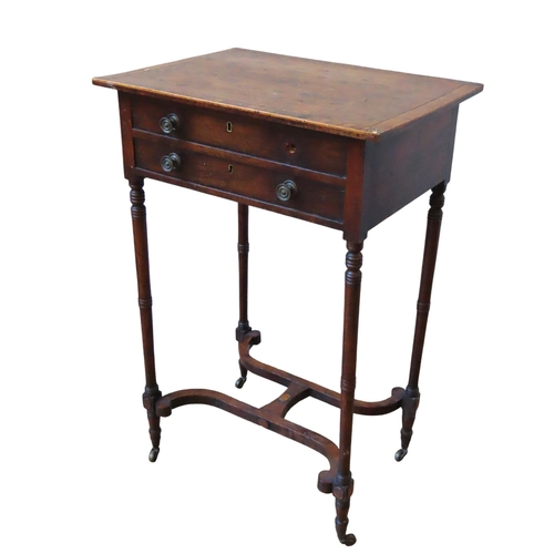 33 - A 19TH CENTURY YEW WOOD VENEER WORK TABLE, hinged rectangular top above two dummy frieze drawers, ra... 