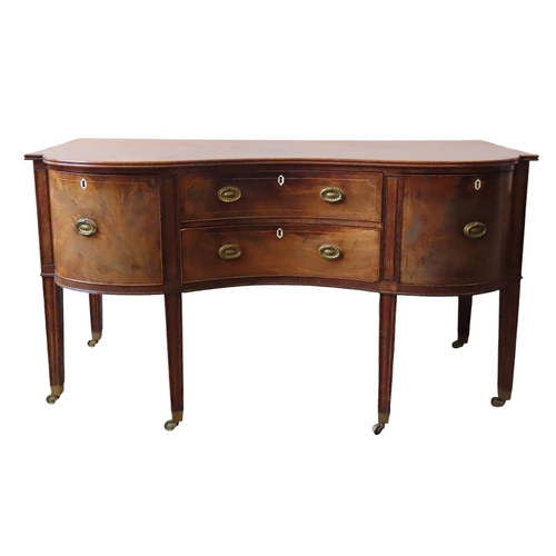 95 - A 18TH CENTURY LARGE MAHOGANY SIDEBOARD, elegant serpentine form line inlaid top over two inverted c... 