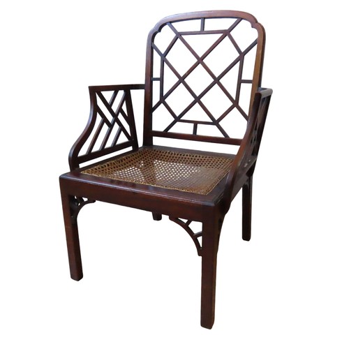 86 - A REGENCY MAHOGANY COCKPEN OPEN ARMCHAIR, in the Chinese Chippendale style, break arch top rail abov... 