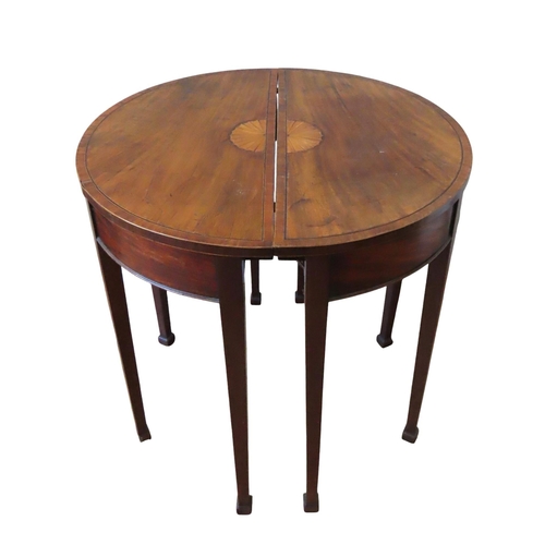 98 - A PAIR OF MAHOGANY CROSS BANDED DEMI LUNE SIDE TABLES, EARLY 19TH CENTURY, the tops with fan inlay d... 