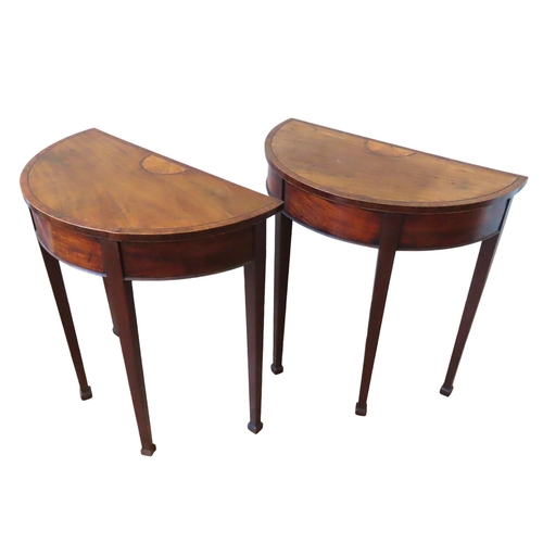 98 - A PAIR OF MAHOGANY CROSS BANDED DEMI LUNE SIDE TABLES, EARLY 19TH CENTURY, the tops with fan inlay d... 