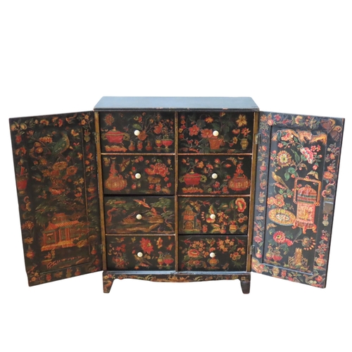 101 - A DECOUPAGE CHINOISERIE SIDE CABINET, EARLY 19TH CENTURY, rectangular form, the two panelled cupboar... 