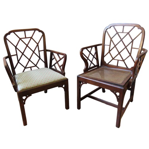 96 - A MATCHED PAIR OF GEORGE III MAHOGANY 'COCKPEN' OPEN ARMCHAIRS, in the Chinese Chippendale manner, b... 