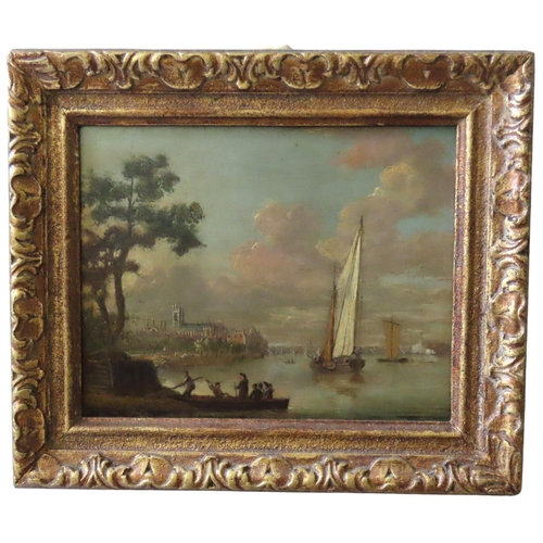 523 - A CONTINENTAL RIVER SCENE OIL PAINTING ON COPPER PANEL, LATE 18TH/EARLY 19TH CENTURY, depicting figu... 