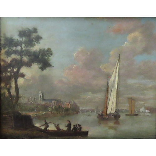 523 - A CONTINENTAL RIVER SCENE OIL PAINTING ON COPPER PANEL, LATE 18TH/EARLY 19TH CENTURY, depicting figu... 