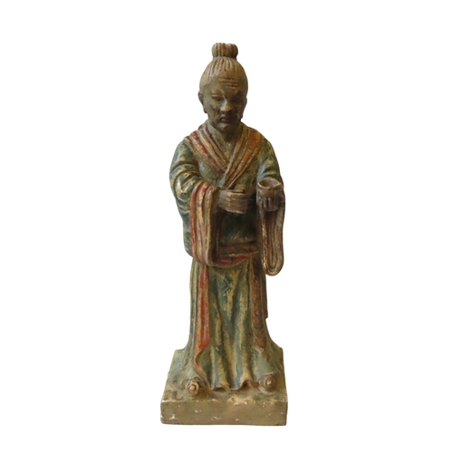 334 - A CARVED WOODEN CHINESE POLYCHROME FIGURE, LATE QING DYNASTY, 19TH CENTURY, of a robed male attendan... 