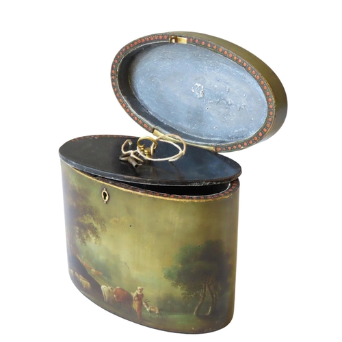 725 - IN THE MANNER OF HENRY CLAY, A REGENCY PAINTED TEA CADDY, oval form with interior lid, the sides and... 