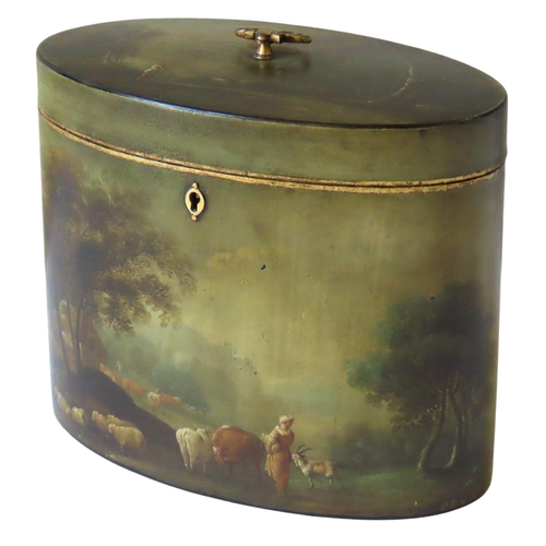 725 - IN THE MANNER OF HENRY CLAY, A REGENCY PAINTED TEA CADDY, oval form with interior lid, the sides and... 