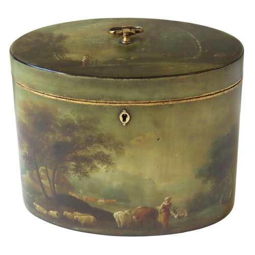 725 - IN THE MANNER OF HENRY CLAY, A REGENCY PAINTED TEA CADDY, oval form with interior lid, the sides and... 