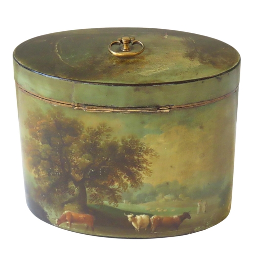 725 - IN THE MANNER OF HENRY CLAY, A REGENCY PAINTED TEA CADDY, oval form with interior lid, the sides and... 