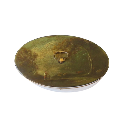 725 - IN THE MANNER OF HENRY CLAY, A REGENCY PAINTED TEA CADDY, oval form with interior lid, the sides and... 