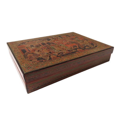 223 - BURMESE IMPERIAL STYLE 'YUN' LACQUER BOX, sgraffito  decorated with court scenes and foliate meander... 