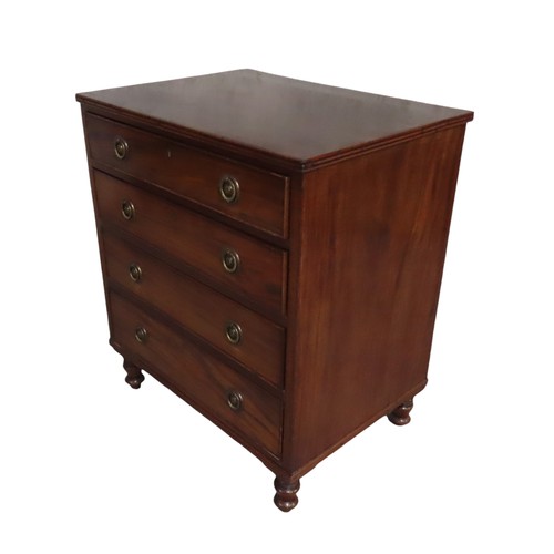 55 - LATE 19TH CENTURY CHEST OF DRAWERS with renewed lined drawers and handles on turned mahogany legs.Wi... 