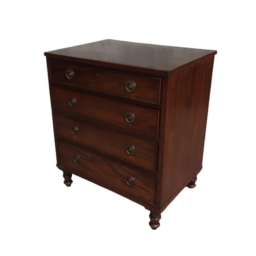 55 - LATE 19TH CENTURY CHEST OF DRAWERS with renewed lined drawers and handles on turned mahogany legs.Wi... 