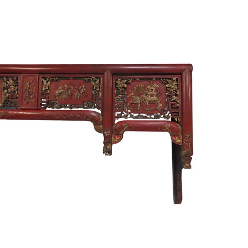 109 - ASIAN RED LACQUER PELMET/SHELF, the pierced frieze panels decorated with gilded scenes of temples an... 