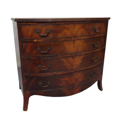 56 - LATE 19TH CENTURY MAHOGANY BOW FRONT CHEST OF DRAWERS with four drawers, raised on splayed bracket f... 