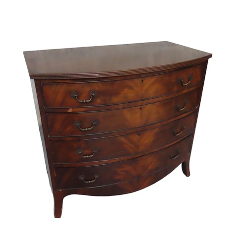 56 - LATE 19TH CENTURY MAHOGANY BOW FRONT CHEST OF DRAWERS with four drawers, raised on splayed bracket f... 