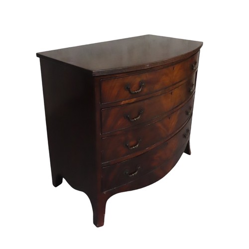 56 - LATE 19TH CENTURY MAHOGANY BOW FRONT CHEST OF DRAWERS with four drawers, raised on splayed bracket f... 