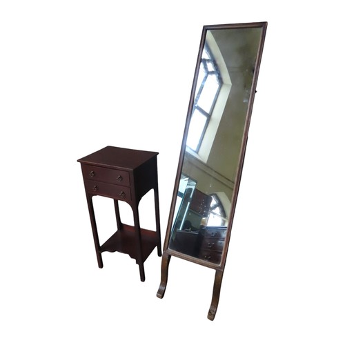 12 - AN EDWARDIAN MAHOGANY CROSS BANDED BEDSIDE TABLE AND A DRESSING MIRROR, the table with two frieze dr... 