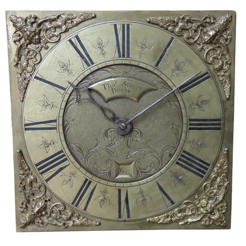 160 - AN OAK  30 HOUR LONGCASE CLOCK, the 10 inch brass dial signed Thomas Storer, Derby on a plaque in th... 