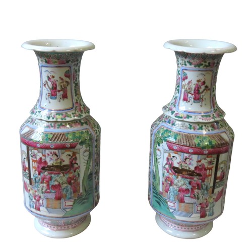 357 - A PAIR OF LARGE CHINESE FAMILLE ROSE BALUSTER VASES, LATE QING DYNASTY, 19TH CENTURY, the sides rese... 