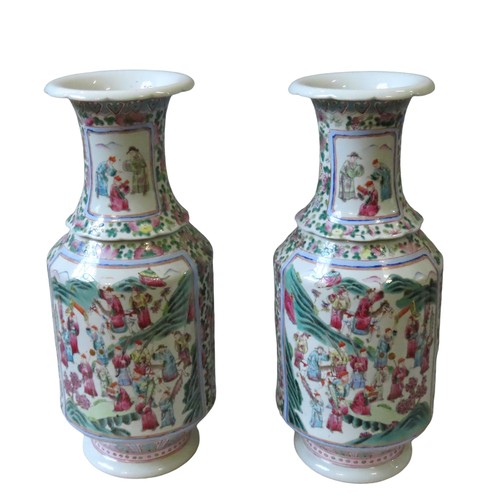 357 - A PAIR OF LARGE CHINESE FAMILLE ROSE BALUSTER VASES, LATE QING DYNASTY, 19TH CENTURY, the sides rese... 