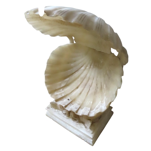 593 - A CARVED ALABASTER NEO-CLASSICAL STYLE FOUNTAIN, modelled as a open clam shell supported by opposing... 